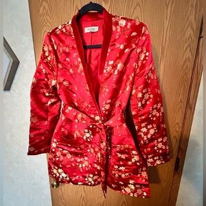 Red Floral Satin Kimono Blazer